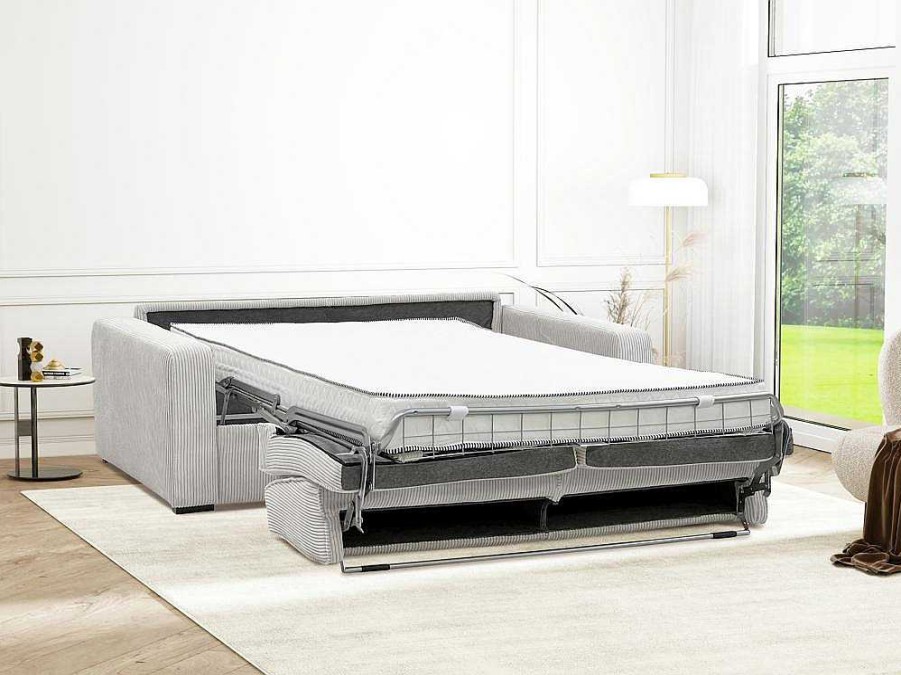 Sofa Cama De Abertura Rapida | Vente-unique Sofa De 3 Lugares Convertivel Abertura Rapida Veludo Canelado Bege, Cama De Ripas Largas 140 Cm, Colchao De 18 Cm - Mondovi