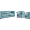 Conjunto Sofa E Poltrona | Vente-unique Sofa De 3 Lugares E 2 Cadeiroes Chesterfield - Veludo Azul Pastel