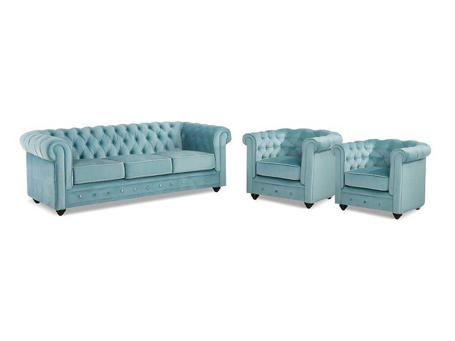 Conjunto Sofa E Poltrona | Vente-unique Sofa De 3 Lugares E 2 Cadeiroes Chesterfield - Veludo Azul Pastel