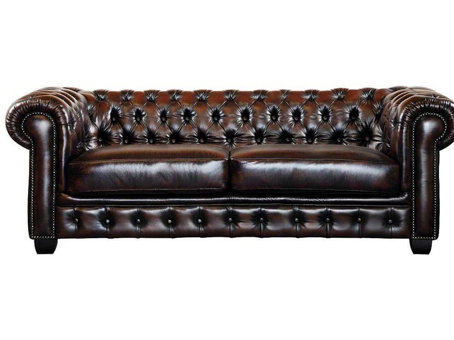 Sofa | LINEA SOFA Sofa 3 Lugares 100% Pele De Bufalo Castanho Com Reflexos Castanhos Estilo Chesterfield - Brenton