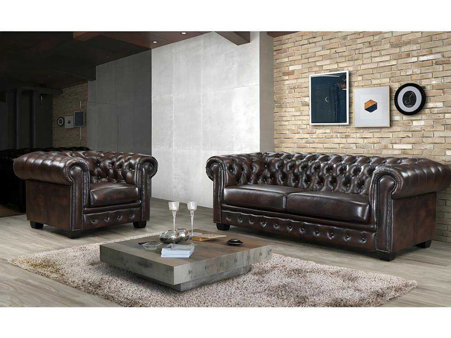 Poltrona Em Pele | LINEA SOFA Cadeirao 100% Pele De Bufalo Castanho Com Reflexos Castanhos Estilo Chesterfield - Brenton