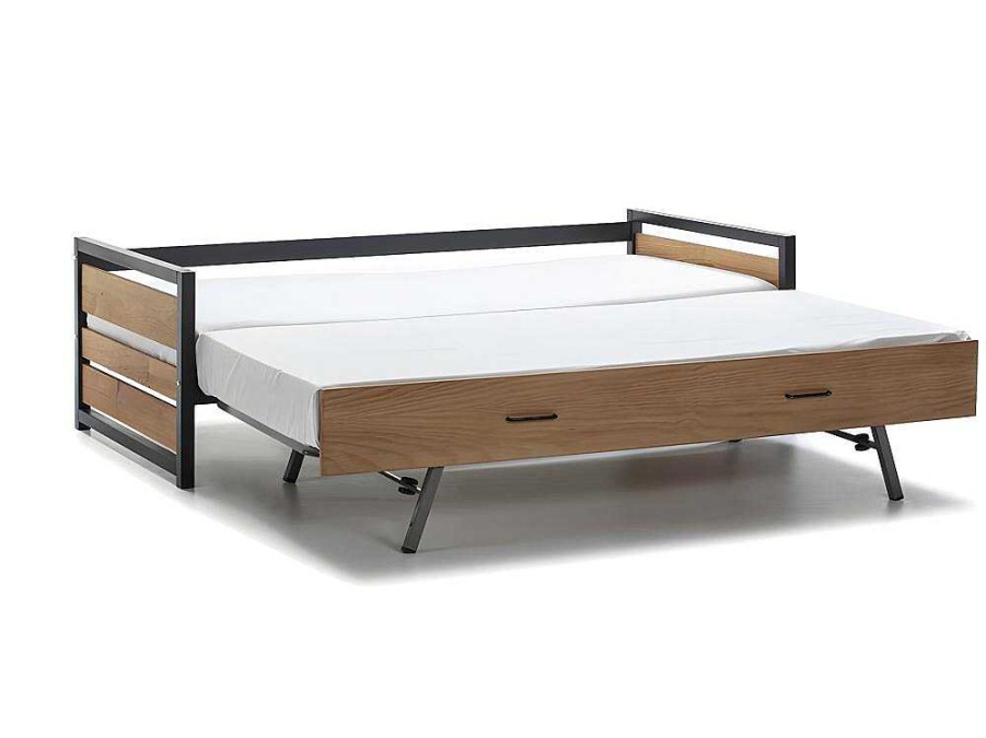 Cama Dupla | Vente-unique Cama Dupla Industrial 2X90X190 Cm Mdf, Pinho E Metal Castanho Noz E Antracite + Colchao - Boston