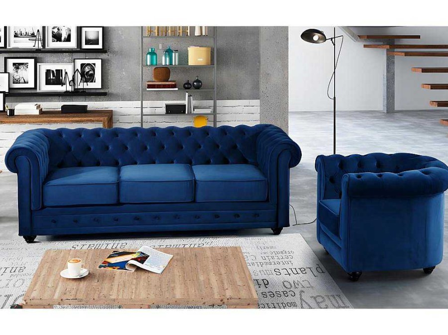 Conjunto Sofa E Poltrona | Vente-unique Sofa De 3 Lugares E Cadeirao Chesterfield - Veludo Azul Real