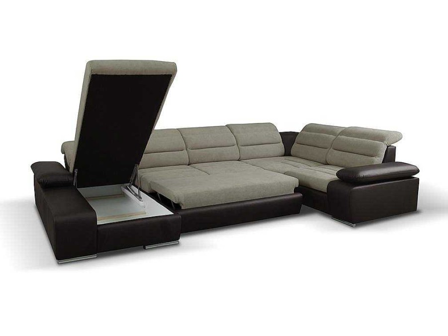 Sofa Panoramico | Vente-unique Sofa De Canto Panoramico Convertivel Em Cama Em Tecido E Pele Sintetica Bicolor Bege E Castanho - Canto Esquerdo - Boileau