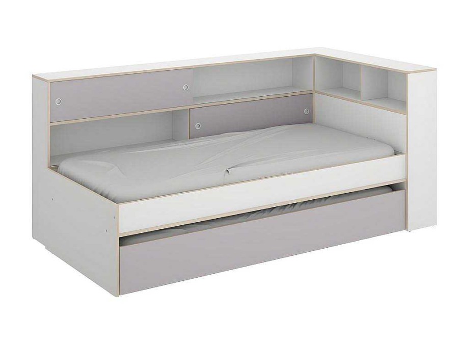 Cama Dupla | Vente-unique Cama Dupla Com Espacos De Arrumacao De 90 X 200 E 90 X 190 Cm Cor Branco E Cinza - Losiana