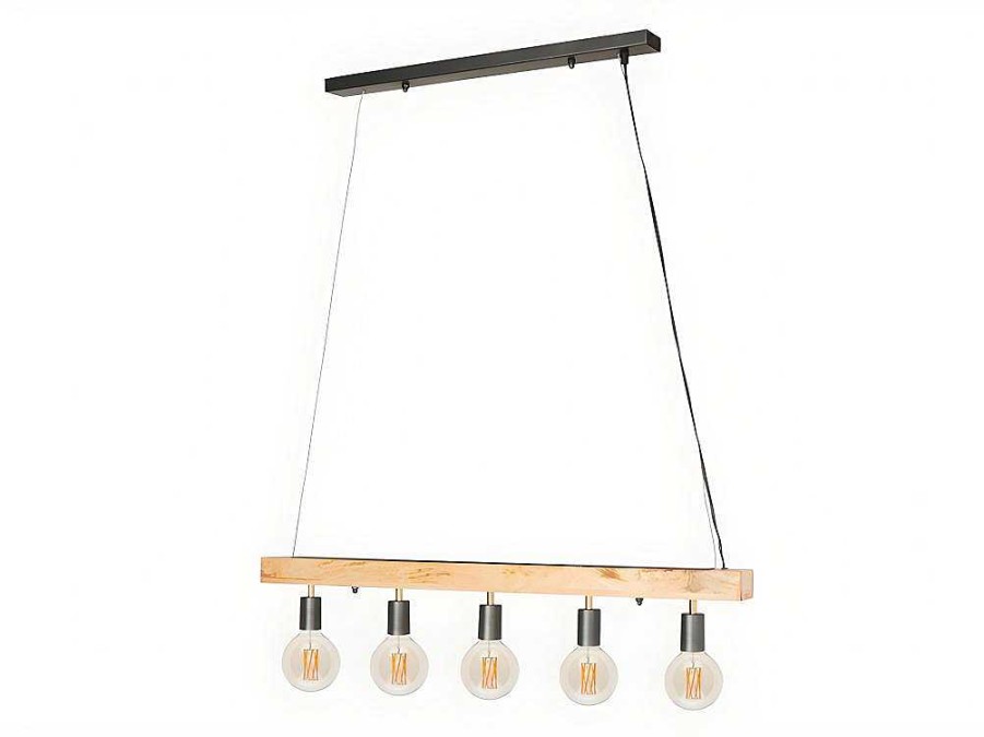 Candeeiro Suspenso | Vente-unique Candeeiro De Teto Viga De Madeira 5 Lampadas Estilo Industrial Madeira E Metal - A. 17,5 X C.100 Cm - Natural E Preto - Julbo