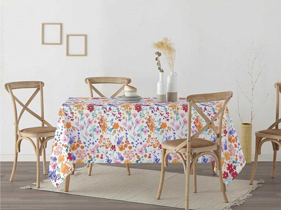 Texteis De Mesa | Purline Nappe Anti-Taches 100% Coton 1 Piece Blanc A Fleurs Vives 100X140