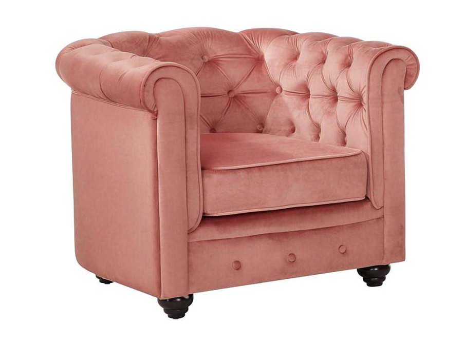 Poltrona Em Veludo | Vente-unique Cadeirao Chesterfield - Veludo Rosa Pastel