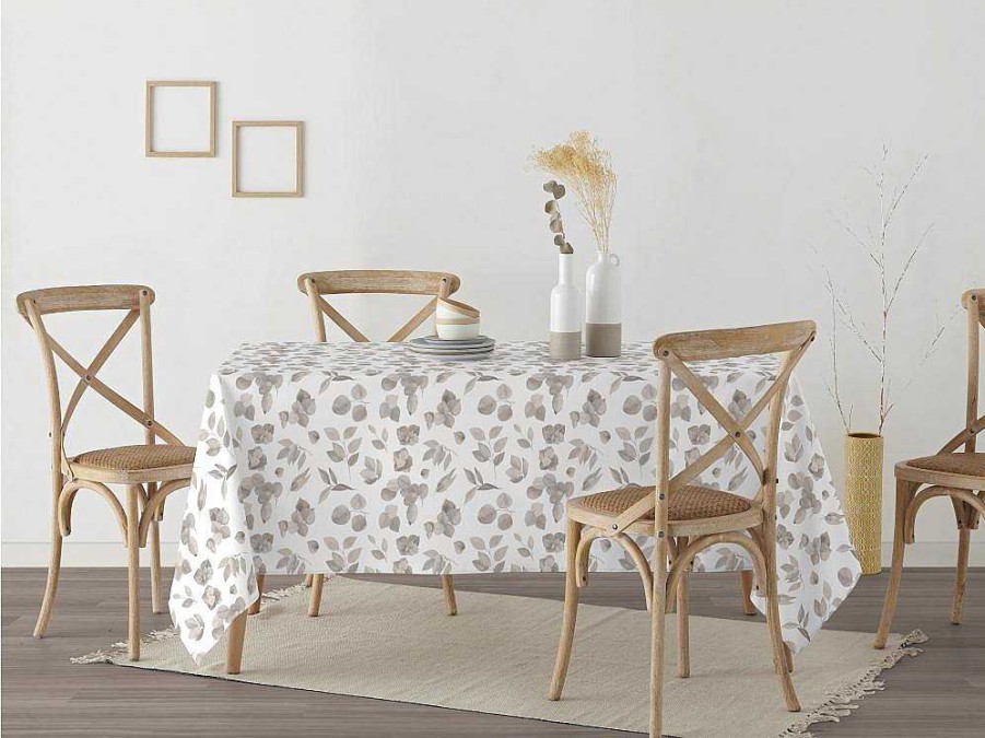 Texteis De Mesa | Purline Nappe Anti-Taches 100% Coton 1 Piece Blanc A Feuilles Grises 140X140