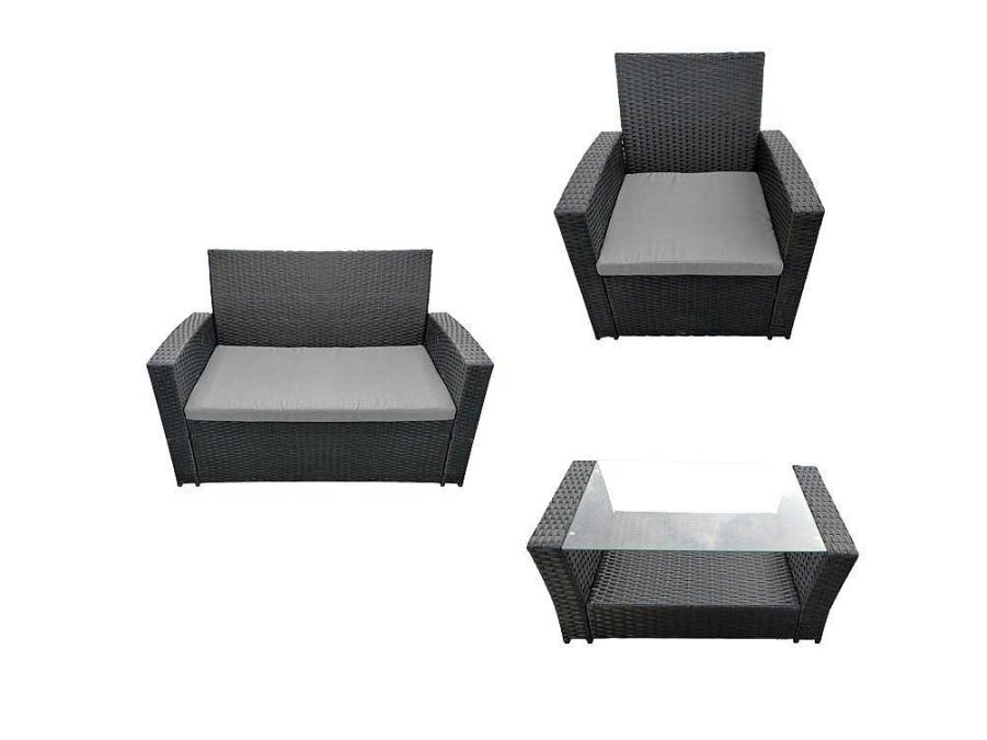 Conjunto Relax De Jardim | Happy Garden Conjunto De Moveis De Jardim Comino Em Resina Tecida Preta 4 Lugares - Almofadas Cinzentas