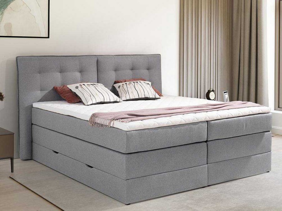 Cama Boxspring, Cama Continental | Palacio Conjunto Boxspring Cabeceira De Cama + Sommiers Com Arrumacao + Colchao + Sobrecolchao, 180 X 200 Cm, Tecido Cinzento-Claro - Perama Da Palacio