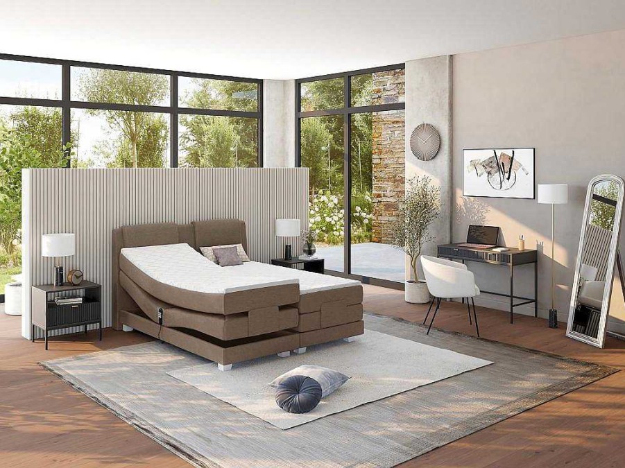 Cama De Adulto | Palacio Conjunto Boxspring Cabeceira De Cama + Sommier De Relaxamento Eletrico + Colchao + Sobrecolchao Castel Da Palacio - 2X80X200 Cm - Tecido Bege