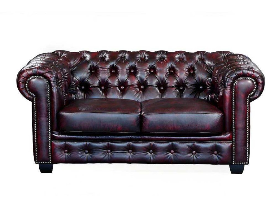 Sofa De 2 Lugares | LINEA SOFA Sofa 2 Lugares 100% Pele De Bufalo Cereja Estilo Chesterfield - Brenton