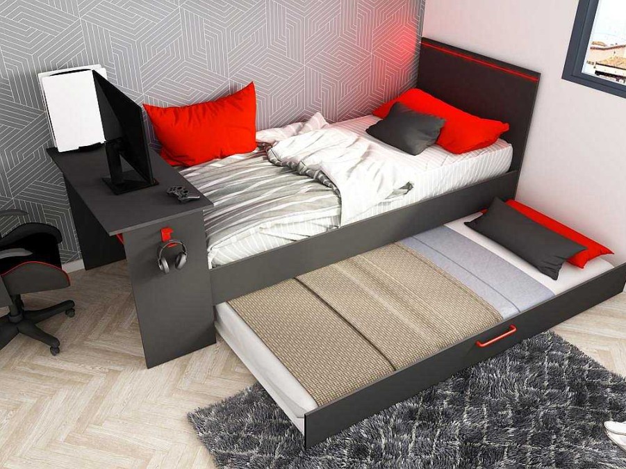 Cama Dupla | Vente-unique Cama Dupla Gamer 2 X 90 X 200 Cm Com Secretaria E Leds Antracite E Vermelho - Vouani