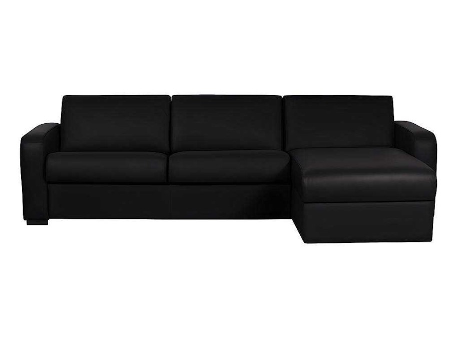 Sofa Cama De Abertura Rapida | Vente-unique Sofa De Canto Convertivel Em Cama Em Pele Preto - Canto Direito - Bevis