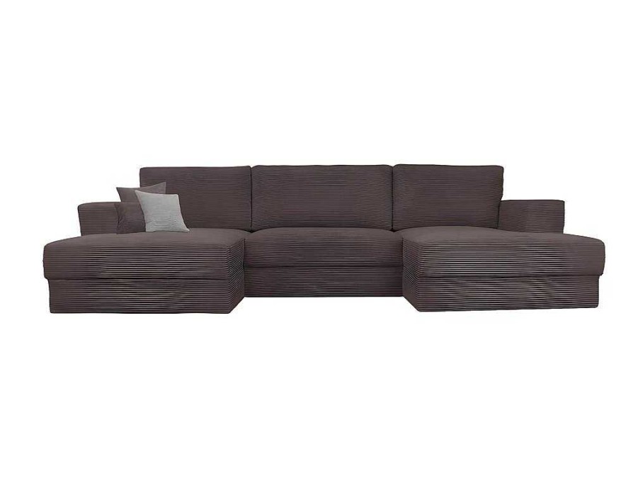 Sofa Panoramico | Vente-unique Sofa De Canto Panoramico Convertivel Em Veludo Canelado Taupe - Curipina