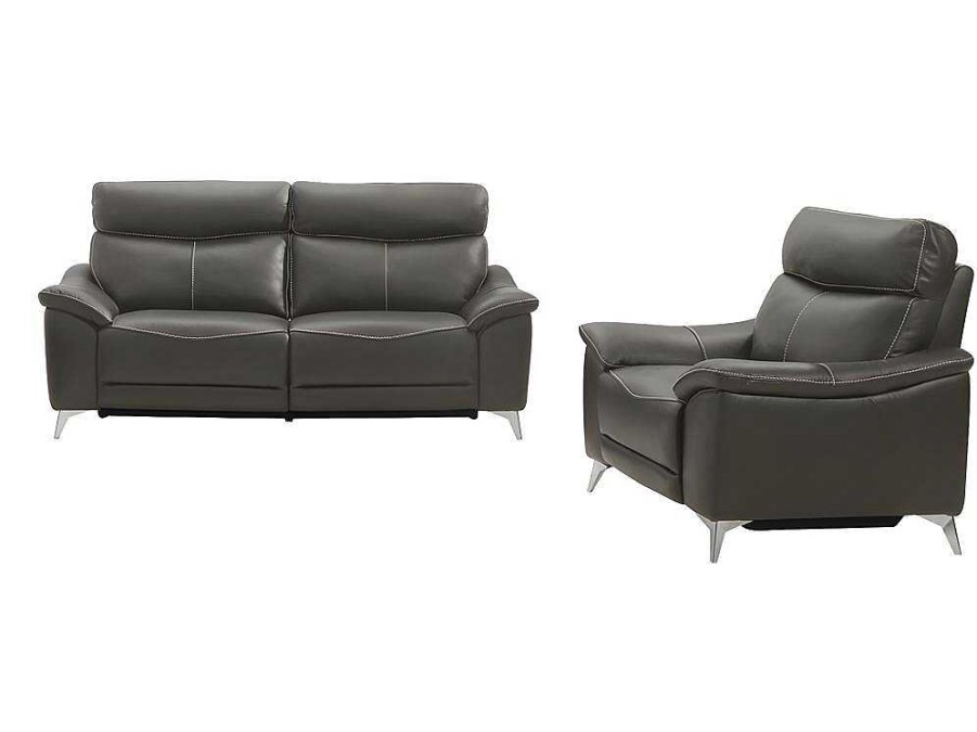 Conjunto Sofa E Poltrona | Vente-unique Sofa De 3+1 Lugares Relax Eletrico Em Pele Taupe - Metronomya