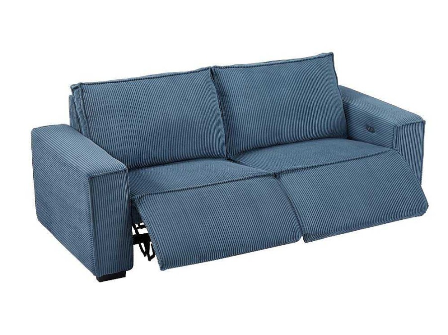 Conjunto Sofa E Poltrona | Vente-unique Sofa De 3 Lugares E Poltrona Em Veludo Canelado Azul - Amelio