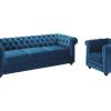 Conjunto Sofa E Poltrona | Vente-unique Sofa De 3 Lugares E Cadeirao Chesterfield - Veludo Azul Esverdeado