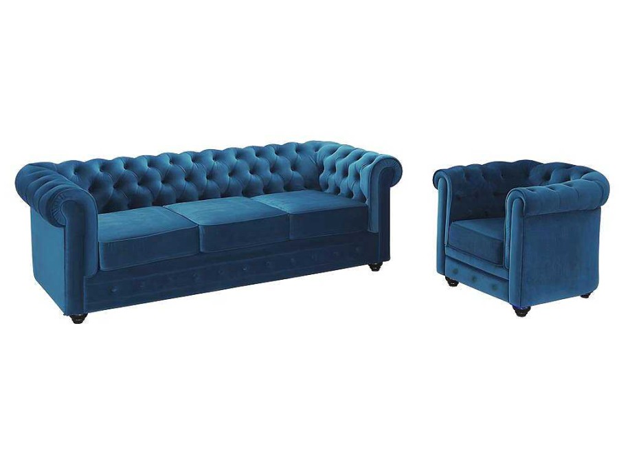 Conjunto Sofa E Poltrona | Vente-unique Sofa De 3 Lugares E Cadeirao Chesterfield - Veludo Azul Esverdeado