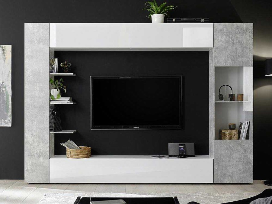 Movel De Tv | Vente-unique Movel De Tv Lacado A Branco E Cinza Cimento Com Espacos De Arrumacao - Sirius