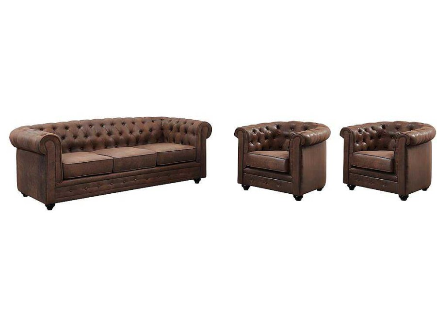 Conjunto Sofa E Poltrona | Vente-unique Sofa De 3 Lugares E 2 Cadeiroes Chesterfield Em Microfibra Com Aspeto De Pele Envelhecida