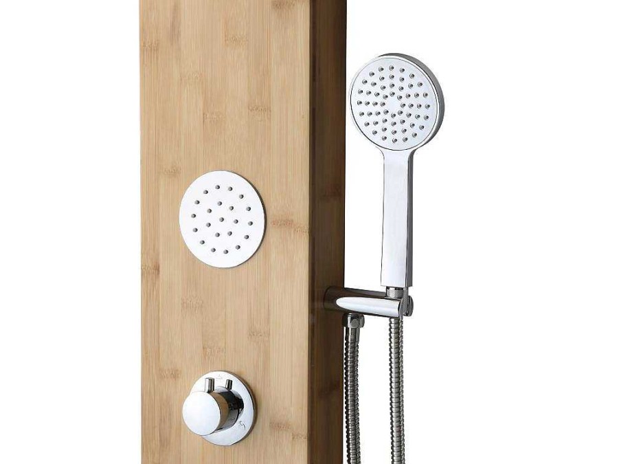 Coluna De Duche | Shower & Design Coluna De Duche Hidromassagem Tissia, Chuva Tropical E Painel Em Bambu - 20*140 Cm