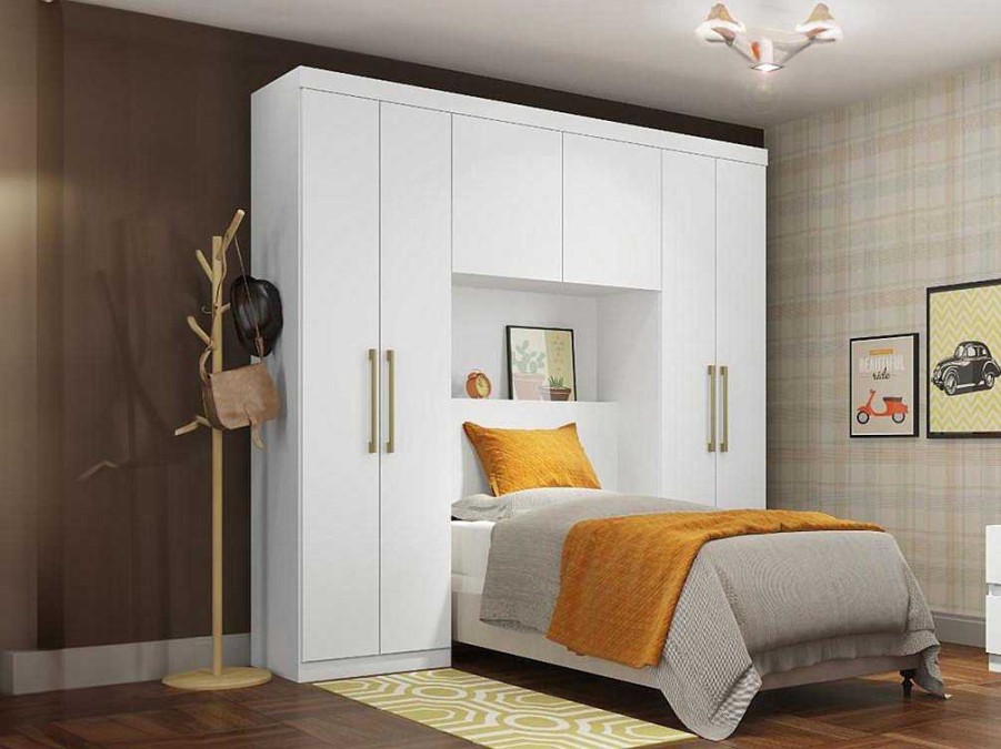 Movel Para Quarto De Criancas | Vente-unique Movel De Cama Antero - 6 Portas - Com Armarios E Gavetas - C 200 Cm - Branco