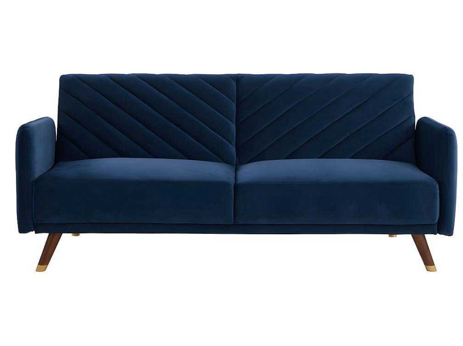 Sofa Cama Clic-Clac E Dobravel | Vente-unique Sofa Cama De 3 Lugares Convertivel Em Cama Em Veludo Azul Escuro - Joris