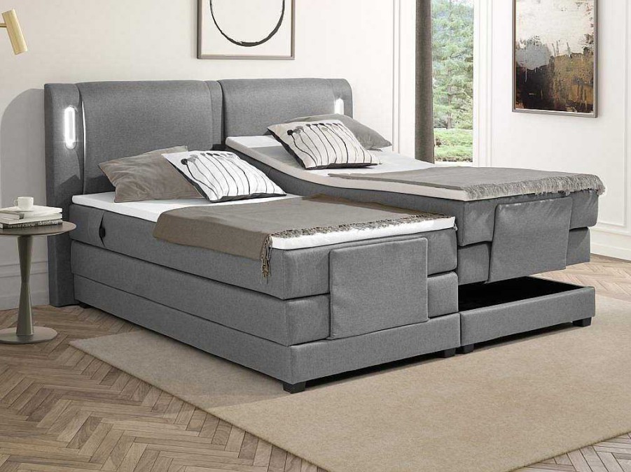 Cama Articulada | Palacio Conjunto Boxspring Cabeceira De Cama Com Leds + Sommier Articulado Eletrico + Colchao + Sobrecolchao 2 X 80 X 200 Cm Tecido Cinzento - Astemi Da Palacio