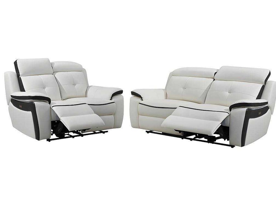 Conjunto De Sofa | Vente-unique Sofa De 3+2 Lugares Relax Eletrico Em Pele Branco E Antracite - Angelique