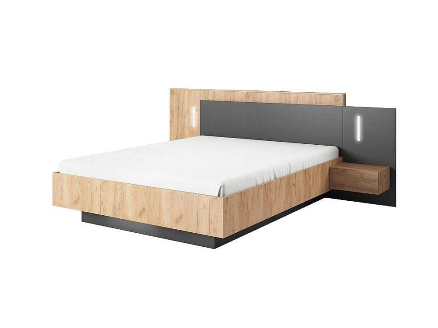 Cama De Adulto | Vente-unique Cama Com Mesas De Cabeceira 160 X 200 Cm, 2 Gavetas, Com Leds, Cor Natural E Antracite + Estrado + Colchao - Francoli