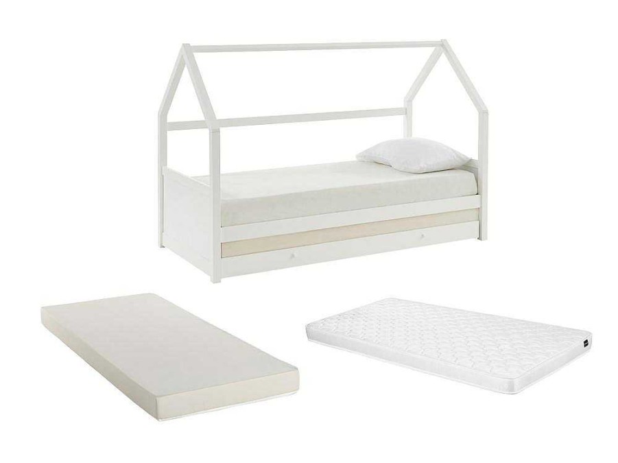 Cama Dupla | Vente-unique Cama Dupla Cabana De 2 X 90 X 190 Cm Em Pinho Cor Branco + Colchao - Hurra