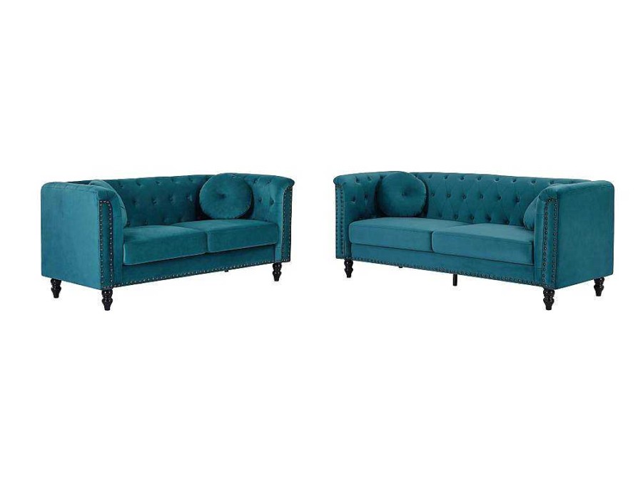 Conjunto De Sofa | Vente-unique Sofa De 3+2 Lugares Em Veludo Azul-Esverdeado - Turner