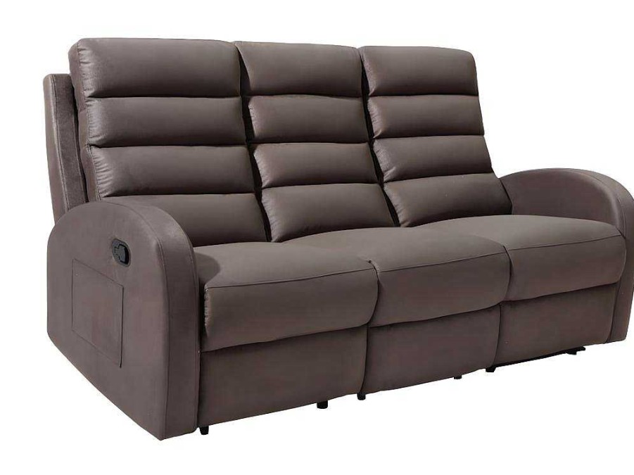 Sofa De Relaxamento Manual | Vente-unique Sofa De 3 Lugares Relax Em Tecido Castanho - Giorgia