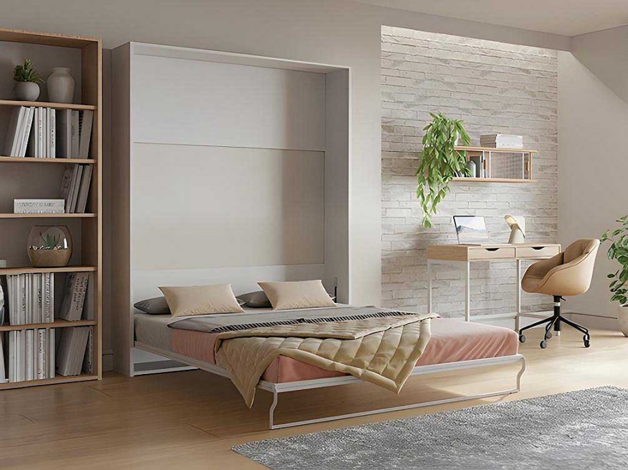 Cama De Adulto | Vente-unique Cama Rebativel 160 X 200 Cm Abertura Vertical Manual Branco + Colchao - Malina Ii