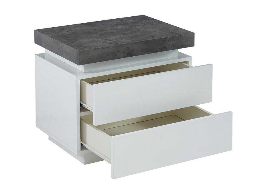 Mesa De Cabeceira | Vente-unique Mesa De Cabeceira - 2 Gavetas - Mdf Lacado - Com Leds - Cor: Branco E Cinza Cimento - Halo Ii