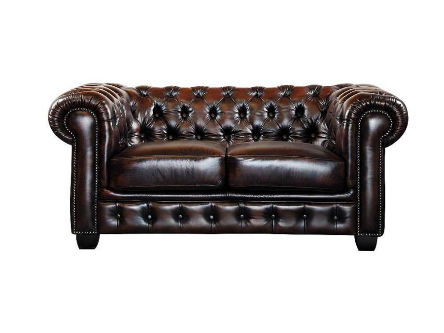 Sofa De 2 Ou 3 Lugares | LINEA SOFA Sofa 2 Lugares 100% Pele De Bufalo Castanho Com Reflexos Castanhos Estilo Chesterfield - Brenton