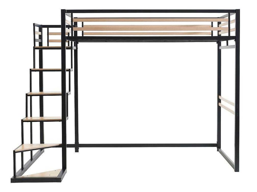 Cama De Crianca | Vente-unique Cama Alta 140 X 200 Cm Metal E Mdf Preto E Natural - Jogui