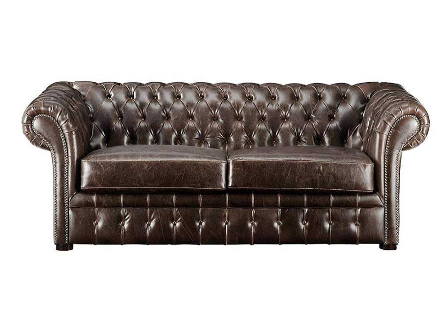 Conjunto Sofa E Poltrona | Vente-unique Sofa De 3+2+1 Lugares 100% Couro Envelhecido Estilo Chesterfield - Clotaire