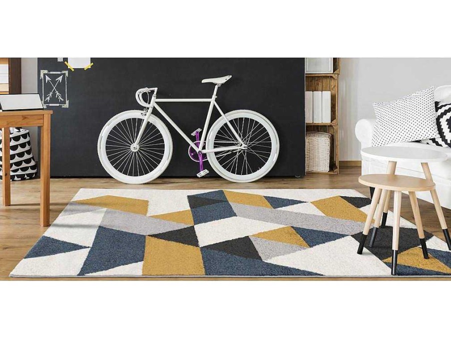 Tapete Escandinavo | OZAIA Tapete Geometrico 160 X 230 Cm Em Polipropileno Amarelo, Cinza E Azul Estilo Escandinavo - Geomie