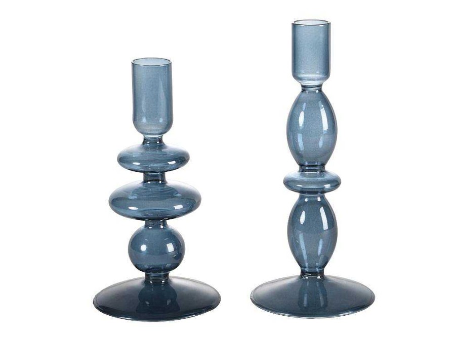 Casticais Decorativos E Velas | OZAIA Conjunto De 2 Casticais D. 9 X A. 21 Cm E D. 9 E A. 18,5 Cm Vidro Azul - Kandie