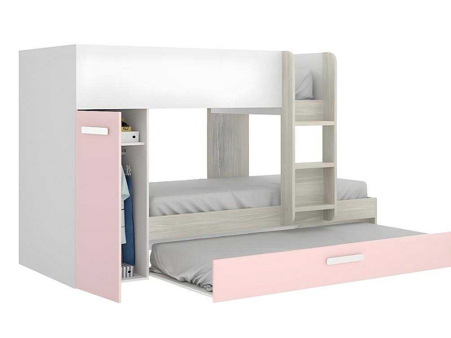 Cama De Crianca | Vente-unique Beliche Com Gaveta Cama Dupla E Com Espacos De Arrumacao 3X90X190 Cm Cor Branco, Natural E Rosa - Anthony