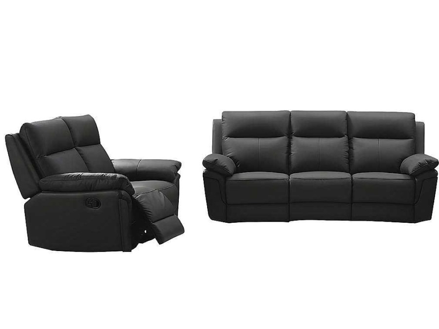 Conjunto De Sofa | Vente-unique Sofa De 3+2 Lugares Relax Em Pele De Bufalo Preto - Pakita