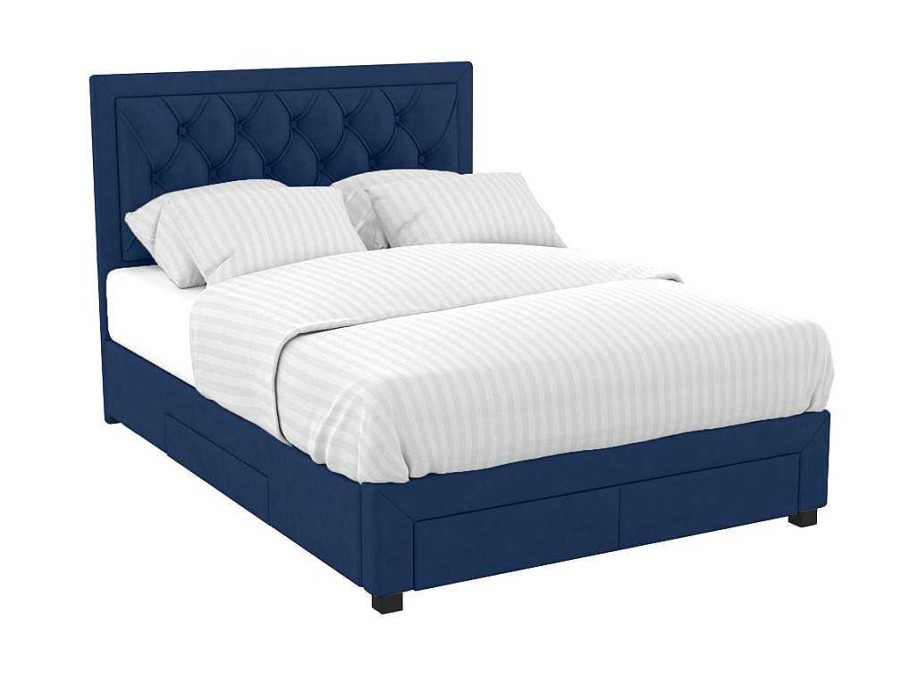 Cama De Adulto | Vente-unique Cama Com Gavetas - Veludo Azul - 160 X 200 Cm - Leopold