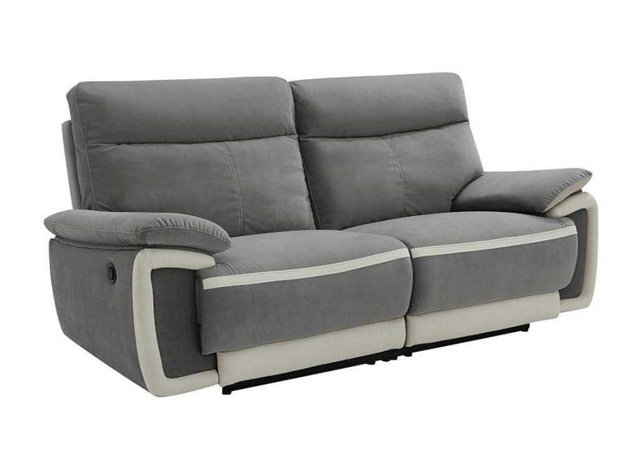 Sofa De Relaxamento Eletrico | Vente-unique Sofa De 3 Lugares Articulado Eletrico Em Veludo - Cinza E Faixas Branco Cru - Metti