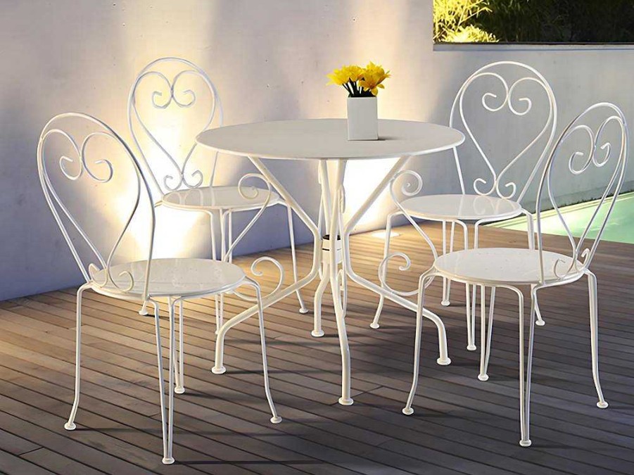 Conjunto Mesa E Cadeiras De Jardim | MYLIA Mesa De Jardim Em Metal Estilo Ferro Forjado - Branco - Guermantes