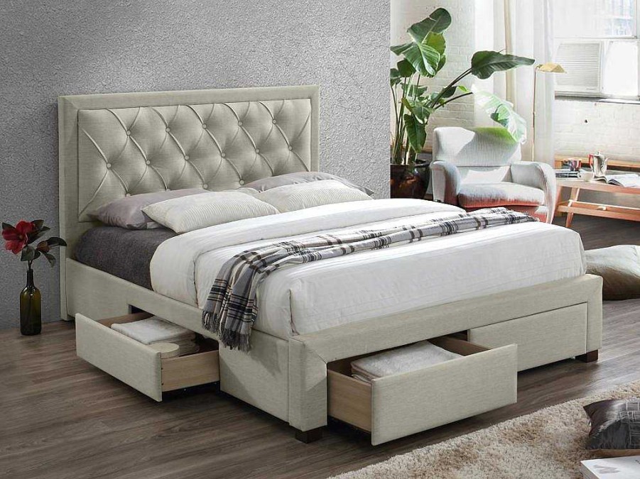 Cama Em Veludo | Vente-unique Cama Com Gavetas - Veludo Champanhe - 140X190 Cm - Leopold