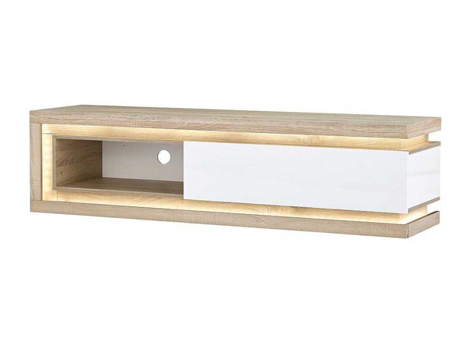 Movel De Tv | Vente-unique Movel De Tv 1 Gaveta E 1 Nicho Com Leds Mdf Natural E Lacado A Branco - Flarancia