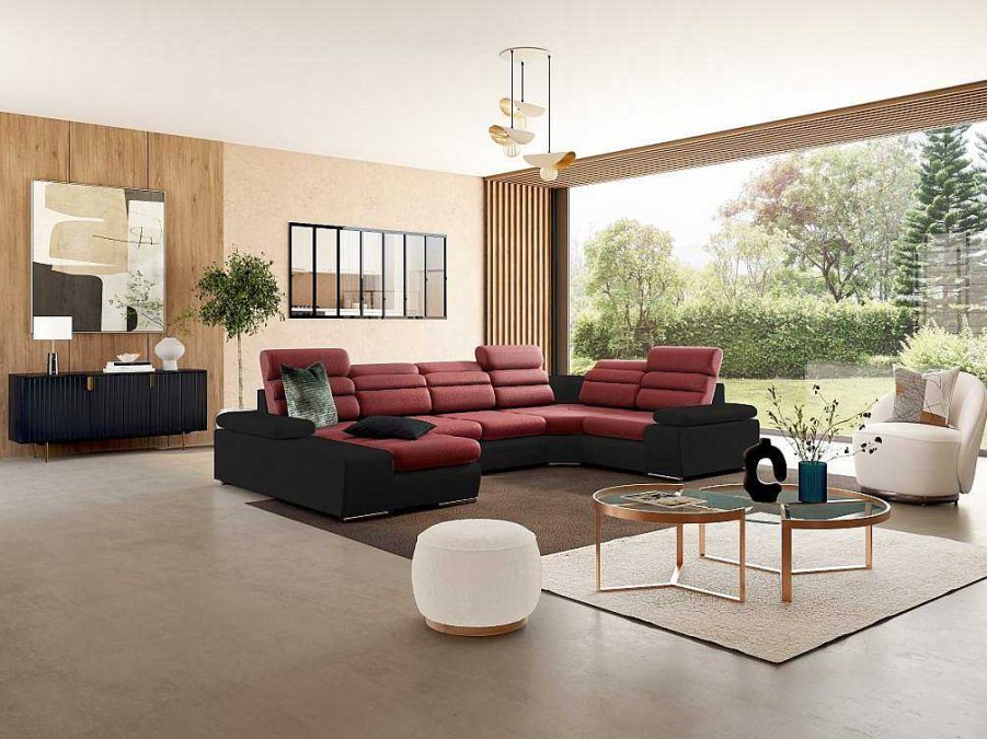 Sofa Panoramico | Vente-unique Sofa De Canto Panoramico Modular Em Tecido E Pele Sinteticabicolor Vermelho E Preto - Canto Esquerdo - Boileau